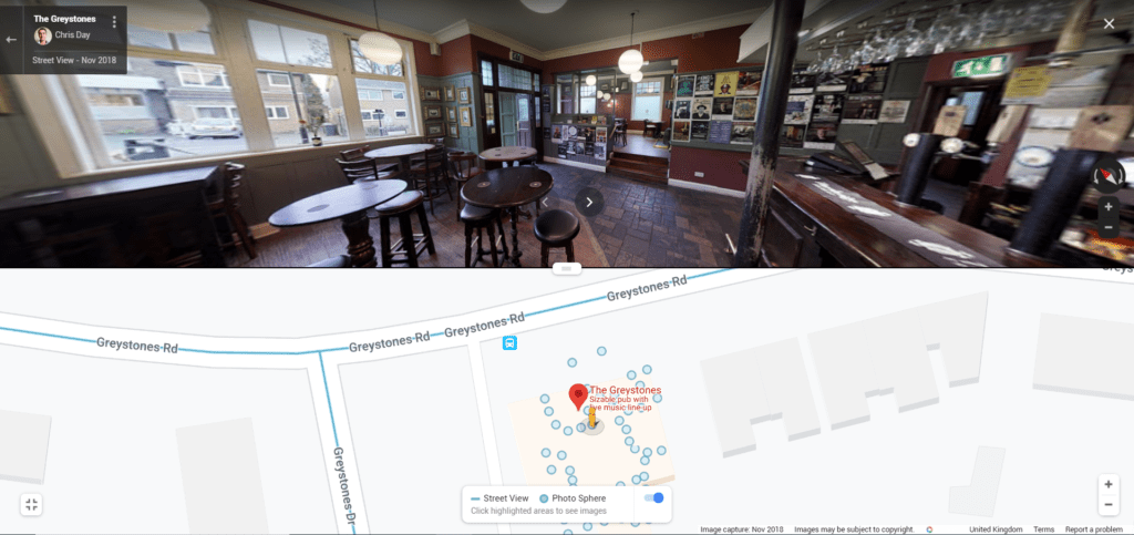 Google integration of the virtual tour for the Greystones Pub, Sheffield
