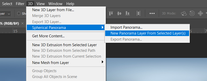 Go to the 3D options and choose Spherical panorama > new panorama from layer